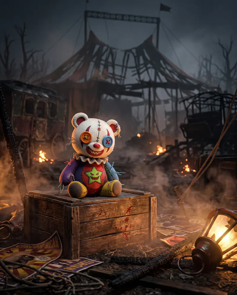 Clown Bear sitting on a crate in front of a burned circus tent