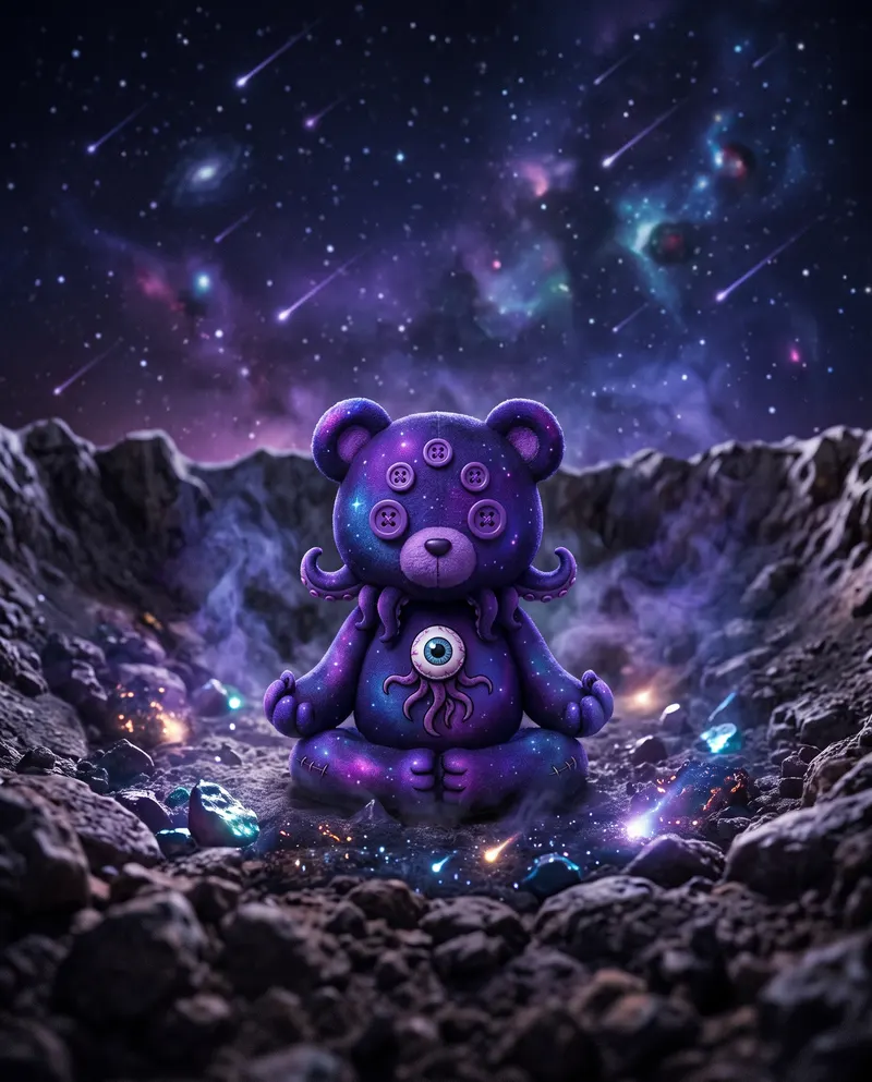 Eldritch Bear meditating in a meteor crater under falling stars