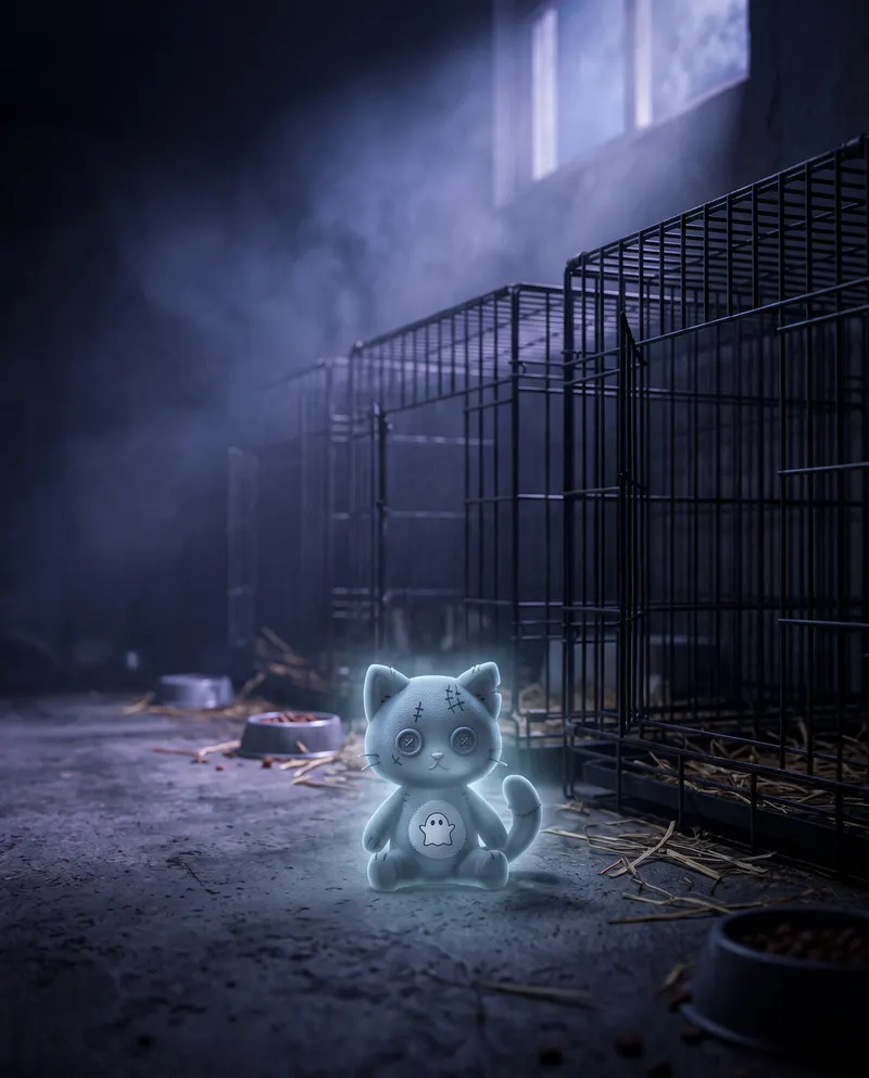 Ghost Kitten glowing softly in an empty animal shelter