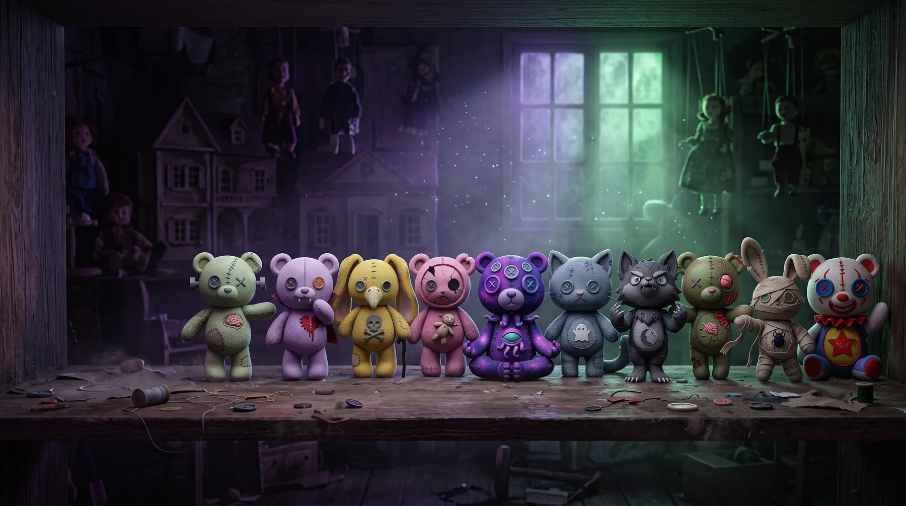 All ten Gore Bears lined up on a dusty toy-shop shelf in green and purple moonlight