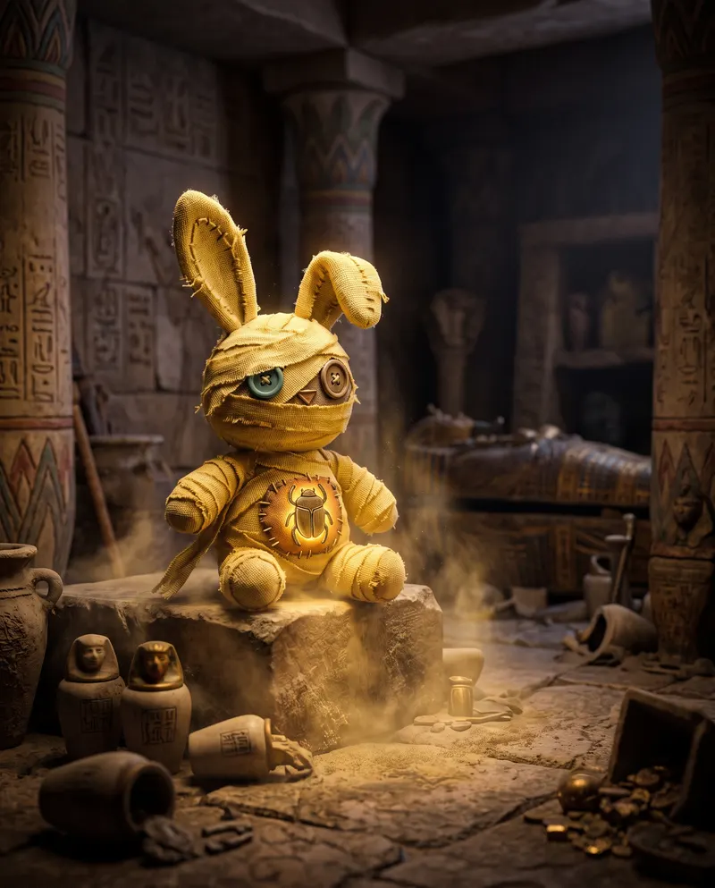 Mummy Bunny sitting in a child pharaoh's tomb