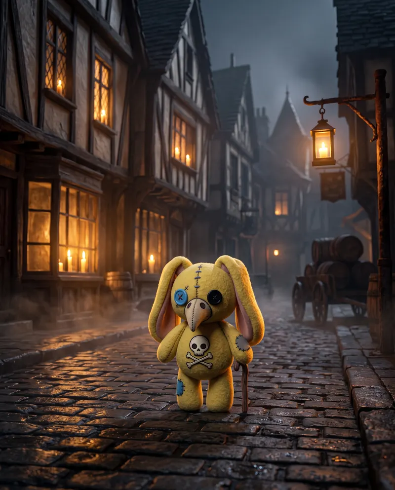 Plague Bunny on a candlelit cobblestone street