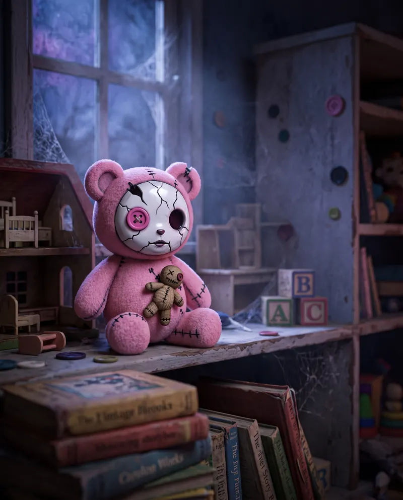 Possessed Doll sitting on a dusty nursery shelf
