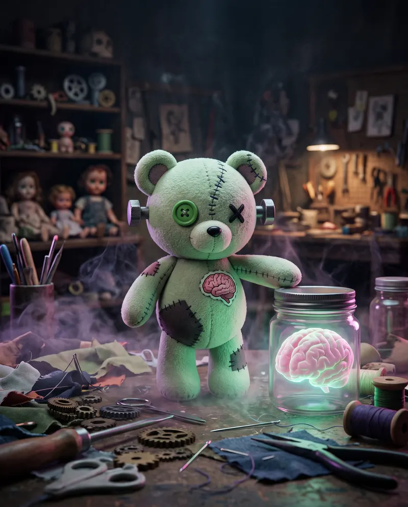 Stitched Cub in a mad toymaker's workshop beside a glowing jar brain