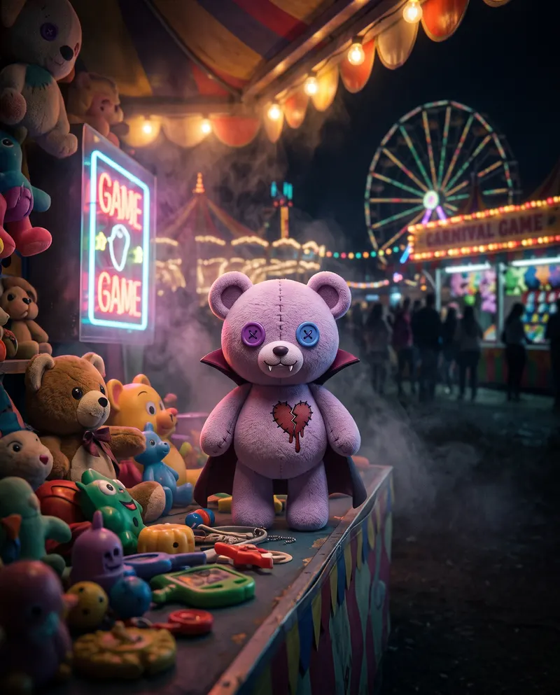 Vampire Bear at a dark carnival prize booth