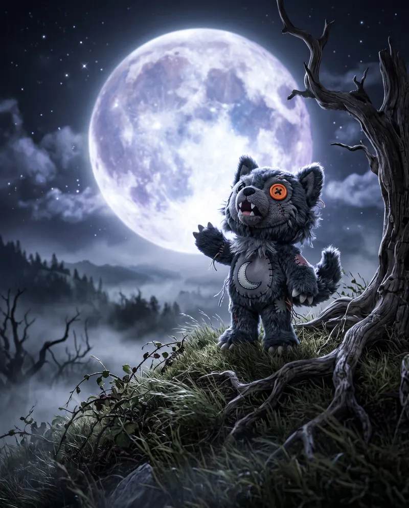 Werewolf Pup howling at a huge full moon