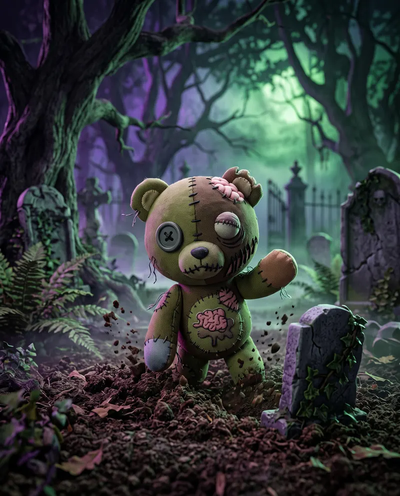 Zombie Bear crawling out of a grave with an arm out for a hug